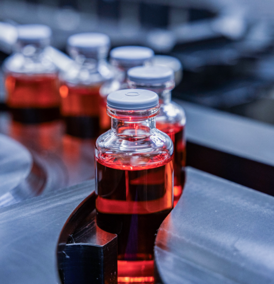 Vials of liquid in a machine